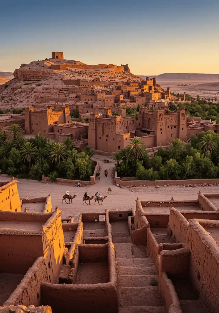 The ancient Kasbah of Ait Benhaddou in Morocco at sunrise, surrounded by desert landscapes and traditional Berber architecture – a must-visit for travelers seeking history and hidden beauty.