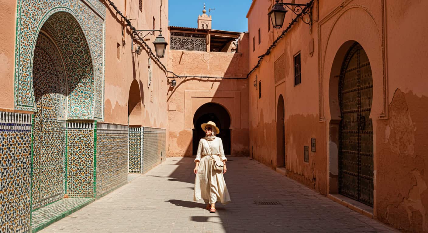 Stylish tourist in Marrakech wearing a breathable, modest outfit, perfect for the warm climate – a great example of what to wear in Marrakech.