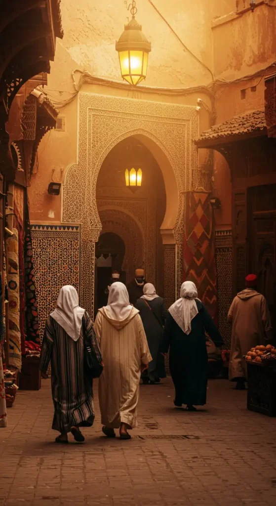 Traditional Moroccan street scene with locals in modest clothing, including djellabas and headscarves, walking through a vibrant market, reflecting the rich cultural heritage of Morocco.