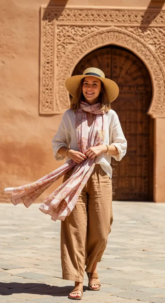 Smiling female tourist in Morocco wearing a breathable blouse, wide-leg pants, and a sun hat, showcasing practical and stylish travel wear for exploring the country.