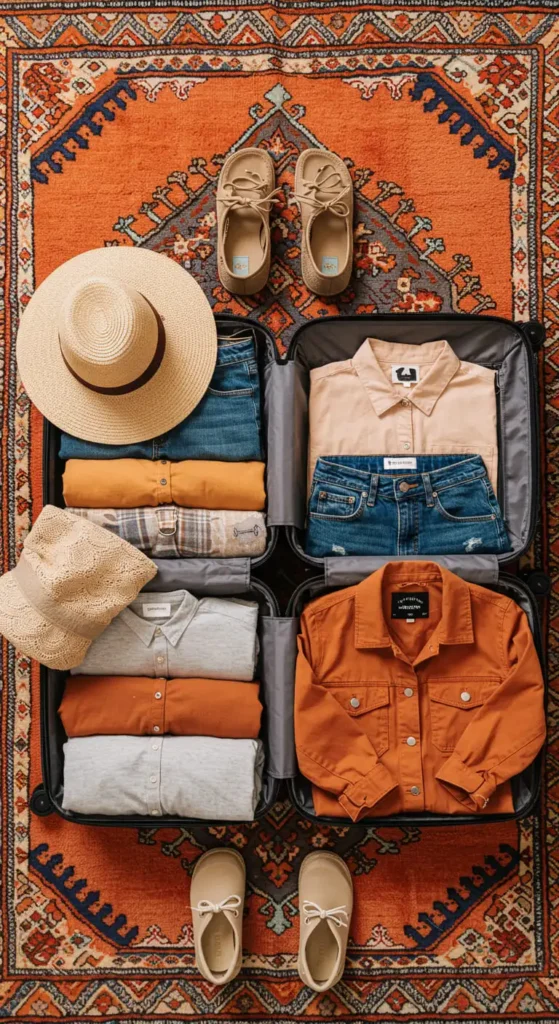 Traveler packing for a Moroccan trip with seasonal essentials like lightweight dresses, breathable layers, a cozy jacket, and a wide-brimmed hat, arranged on a colorful Moroccan rug.