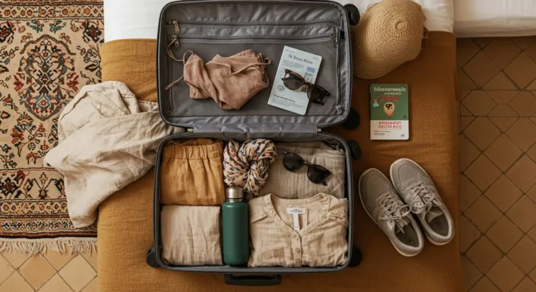 Open suitcase with travel essentials like modest clothing, walking shoes, and accessories – what to pack for Morocco in a minimalist and practical style.