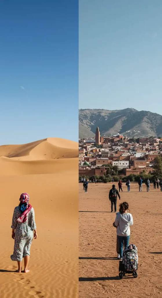 Split image of Morocco’s climate and culture desert traveler with headscarf and mountain city scene with modest clothing, highlighting what to pack for Morocco.