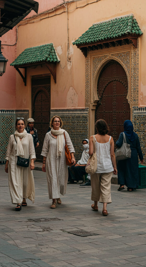 Street scene in a Moroccan medina with travelers and locals dressed modestly, showcasing what to wear in Morocco to respect cultural norms.