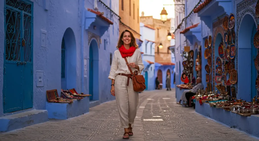 A solo female traveler walking through a colorful Moroccan medina at sunset, wearing modest yet stylish travel clothing showing that Morocco is safe for women