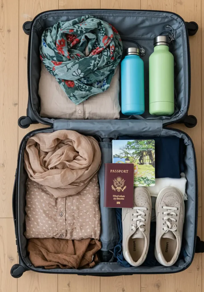 Open suitcase showing modest travel outfits including long skirts, scarves, and comfortable shoes, along with a passport and water bottle, highlighting essential packing tips for women traveling to Morocco.