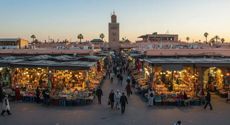 Bustling Moroccan souk in Marrakech with colorful stalls and Koutoubia Mosque in the background.