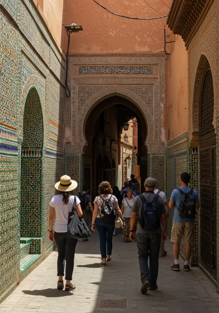 Morocco travel tips : Tourists dressed modestly in a Moroccan medina.