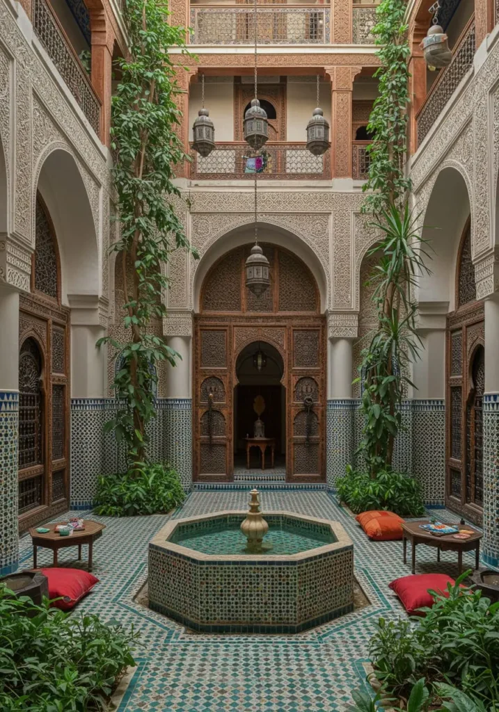Beautiful Moroccan riad courtyard with intricate tiles and a central fountain.