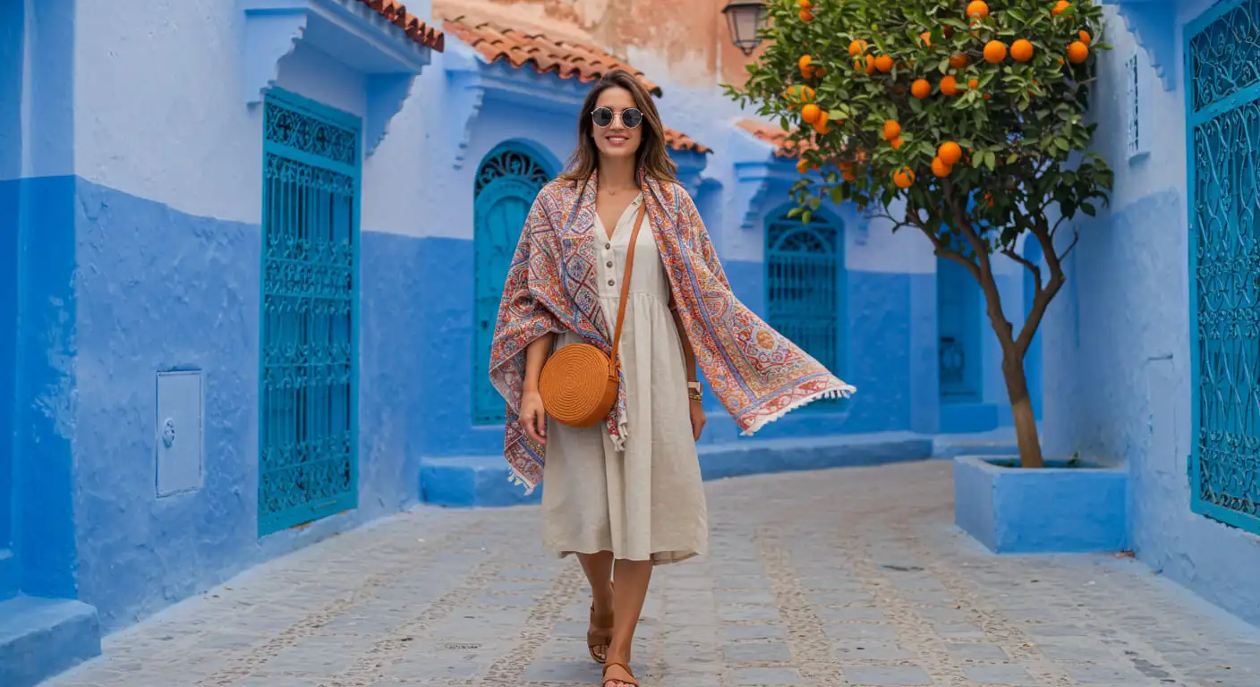 Stylish woman exploring Moroccan medina wearing modest travel outfit with scarf, linen dress, and sandals