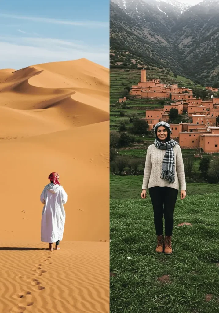 Desert and mountain clothing comparison for what to wear in Morocco – white djellaba in hot climate vs layered outfits in cool mountains with cultural symbols