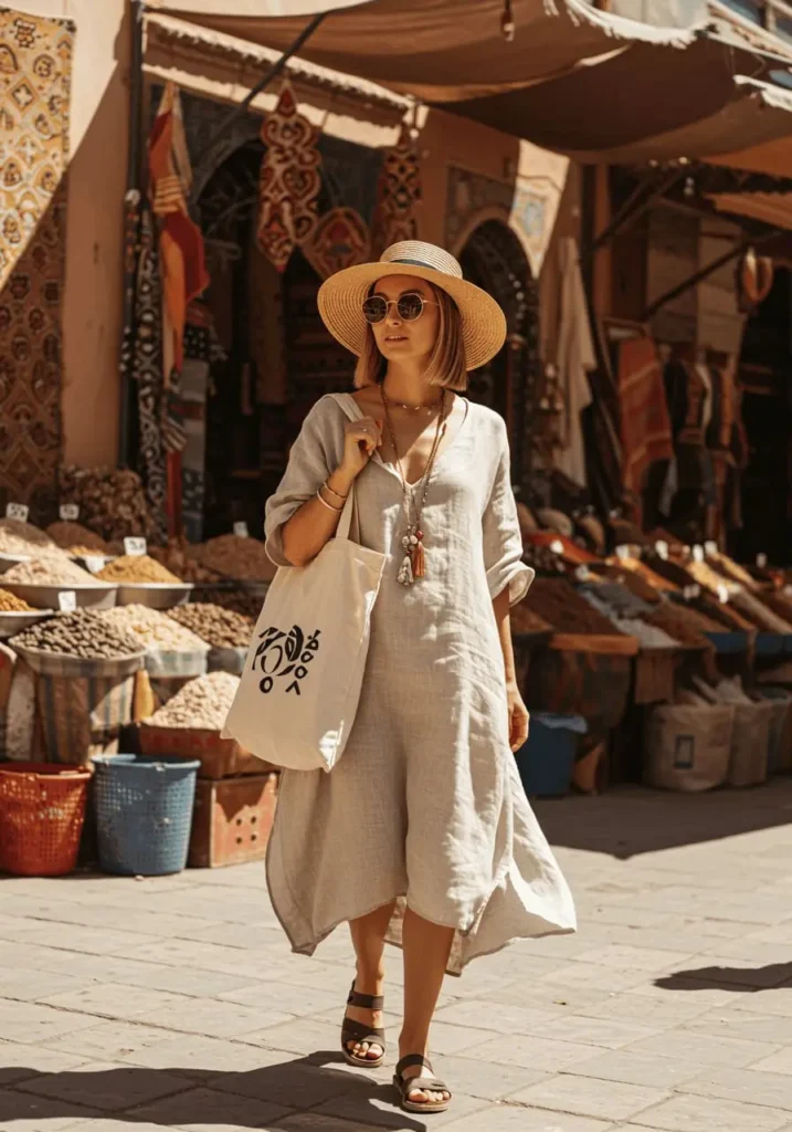 Female traveler in Morocco wearing a loose linen dress, wide-brimmed hat, and sunglasses at a vibrant market — breathable outfit ideas for hot weather