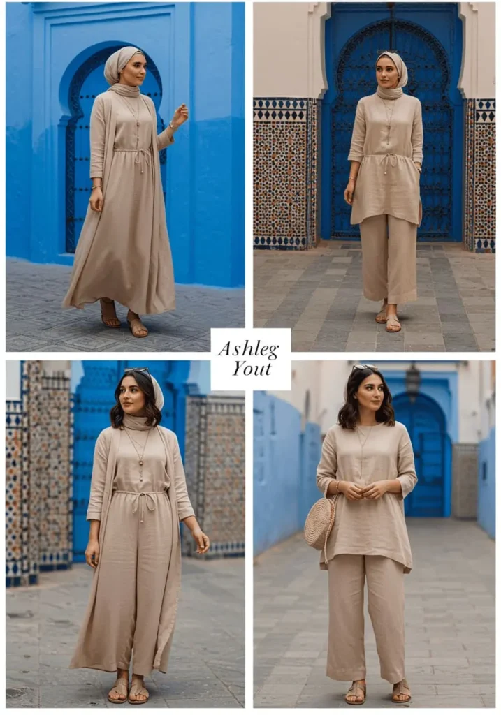 Modest yet stylish outfits for women in Morocco – flowy maxi dress, linen jumpsuit, and wide-leg pants with tunic top, shown with scarf, earrings, and sandals against Marrakech’s blue doors and patterns