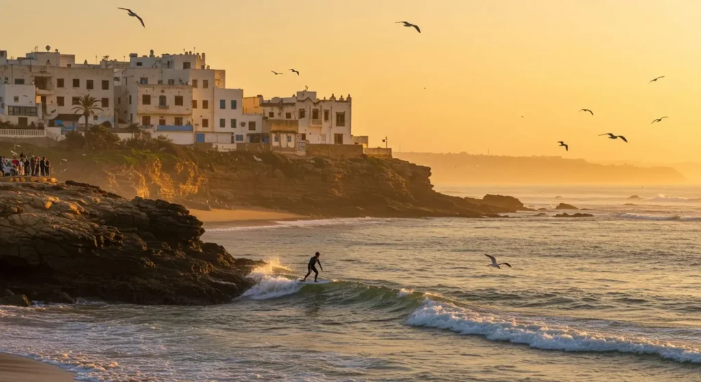 "A surfer catching a wave on the Atlantic coast of Morocco during sunset, with rugged cliffs and traditional Berber houses in the background