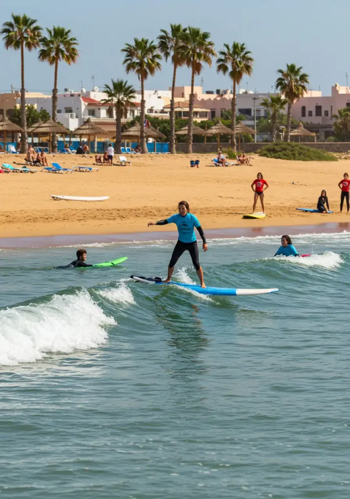 A beginner surfer stands up on a wave during a lesson in Taghazout, Morocco with instructor guiding nearby on a sunny day