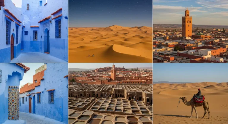 A visual guide to the best places to visit in Morocco including Chefchaouen's blue streets, Sahara Desert dunes, Marrakech medina, Fes tanneries, and camel trekking in the desert – perfect for curious travelers seeking unique experiences.