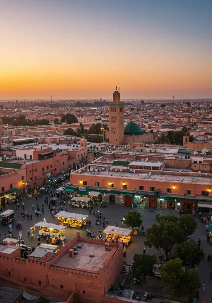 Golden-hour aerial view of Marrakech showing red sandstone architecture, Jemaa el-Fnaa square, Majorelle Garden, and Koutoubia Mosque minaret – capturing the vibrant essence of Morocco's iconic Red City.