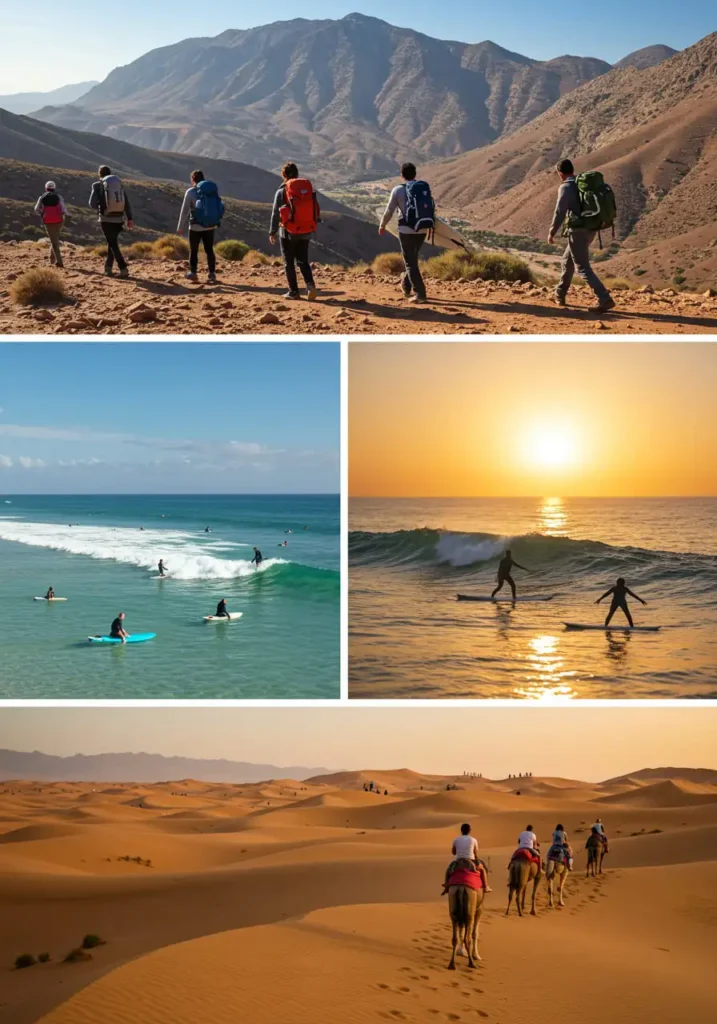 Outdoor activities in Morocco: hiking, surfing, and camel riding