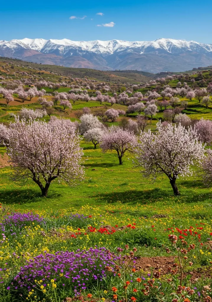 Almond trees blooming in a Moroccan valley during spring