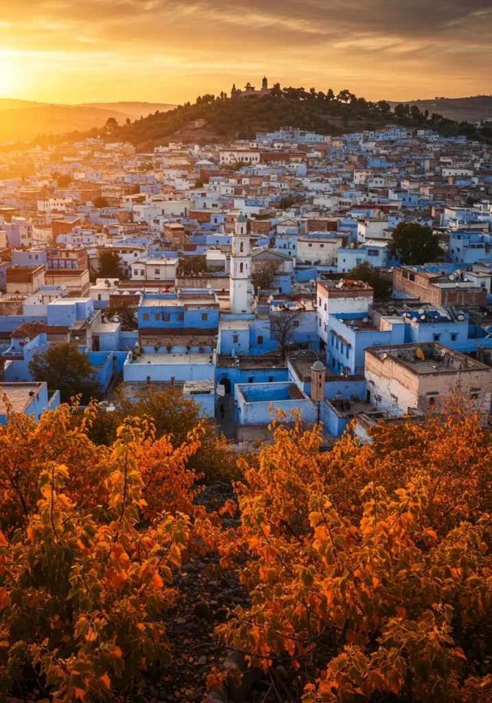 Sunset over Chefchaouen with fall leaves and warm colors