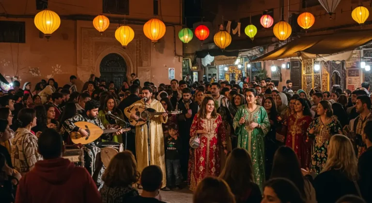 best time to visit morocco : Night festival in a Moroccan medina with music, lanterns, and crowds