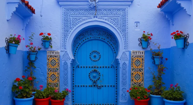 Traditional blue Moroccan door in Chefchaouen with intricate design and potted plants.