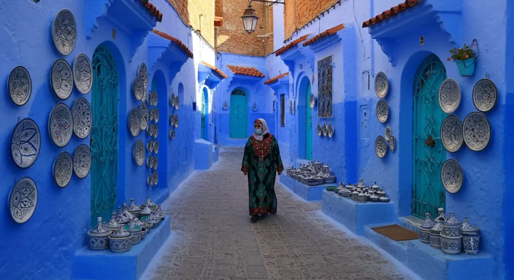 Cobblestone alley in Chefchaouen with blue walls, colorful pottery, and a local resident walking.