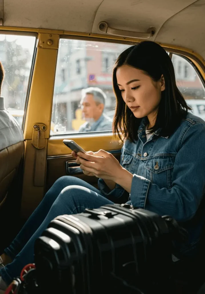 Female traveler navigating in Morocco using maps inside a safe taxi ride
