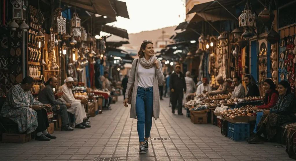 Solo female traveler exploring a colorful Moroccan souk with friendly locals nearby