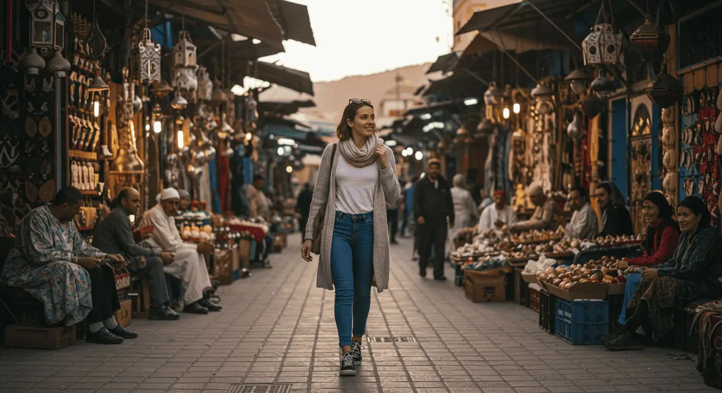 Solo female traveler exploring a colorful Moroccan souk with friendly locals nearby