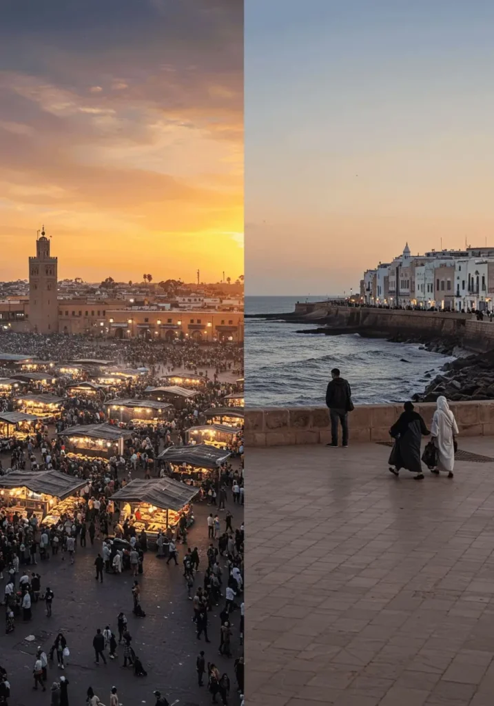 Marrakech cityscape and Essaouira coastal view – top cities for solo female travelers in Morocco