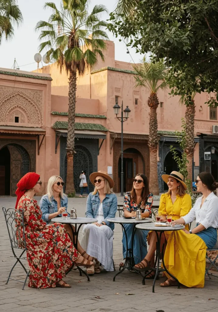 Female travelers sharing stories and relaxing during a break in Morocco