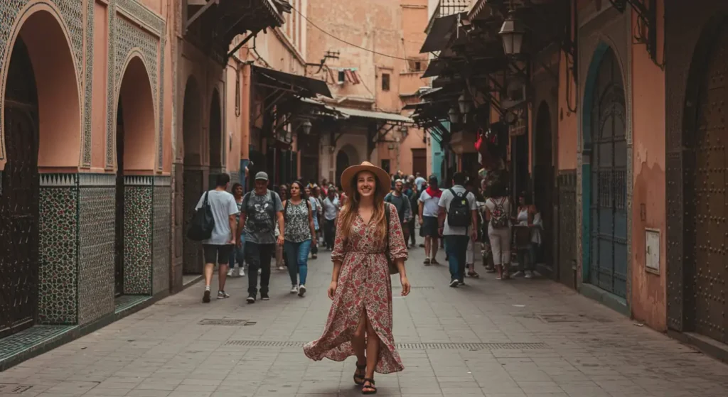 Female solo traveler exploring Moroccan medina alley at sunset