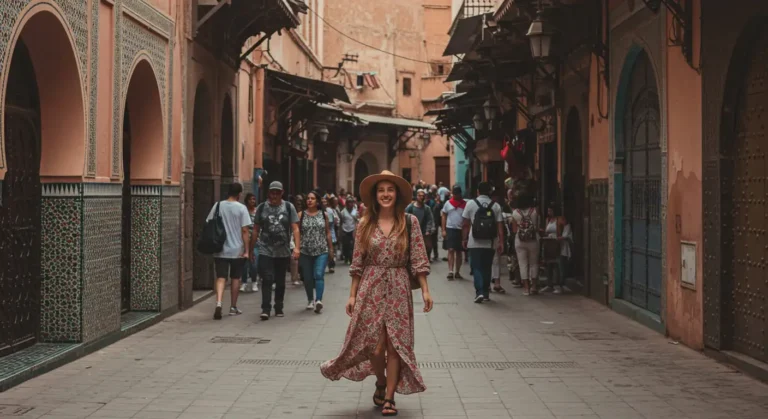 Female solo traveler exploring Moroccan medina alley at sunset