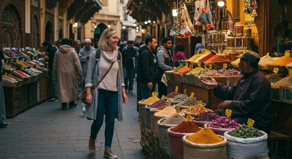 Female solo traveler interacting with local spice vendor in Fes, Morocco