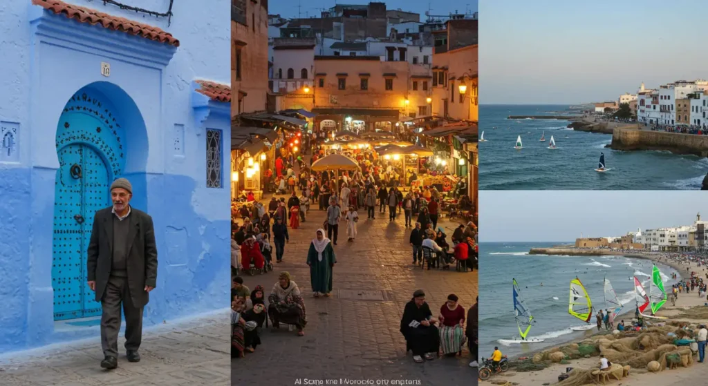 Collage of top Moroccan cities for solo travel: Chefchaouen, Marrakech, Essaouira