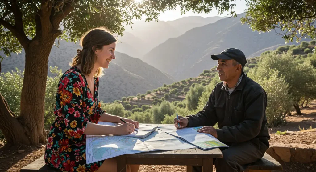 Solo traveler learning local language with help from a Moroccan guide