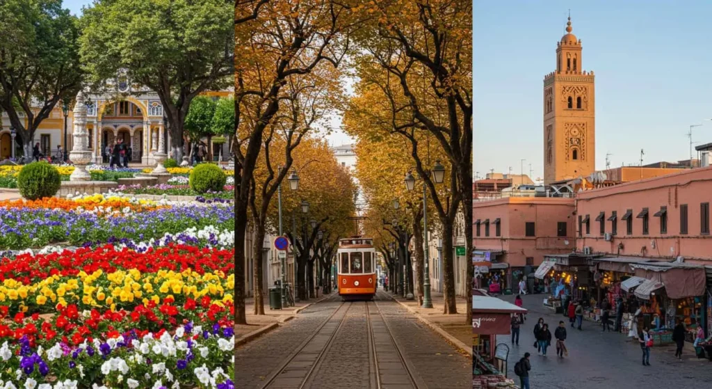 Spring in Spain, autumn in Portugal, and fall weather in Morocco illustrating seasonal travel conditions