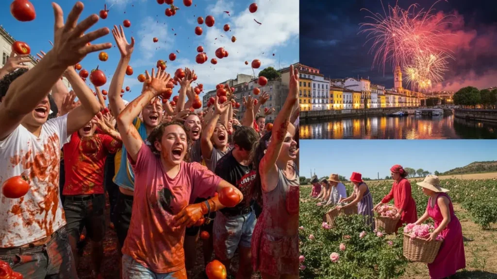 Major festivals in Spain, Portugal, and Morocco including La Tomatina, Festa de São João, and Rose Festival