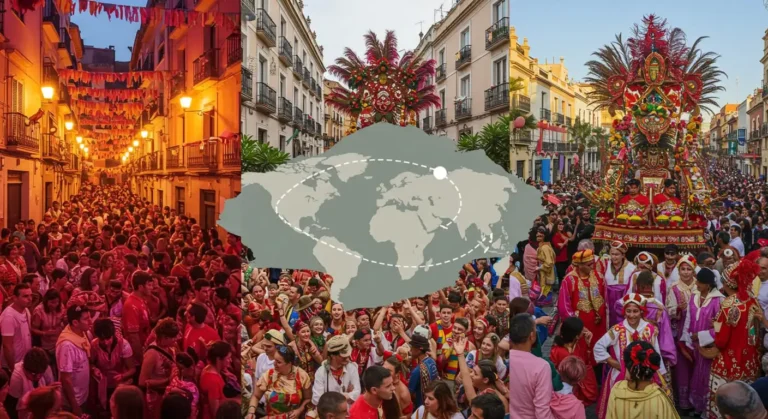 Best time to travel to Spain, Portugal, and Morocco with festivals – collage featuring La Tomatina, Festa de São João, and Rose Festival