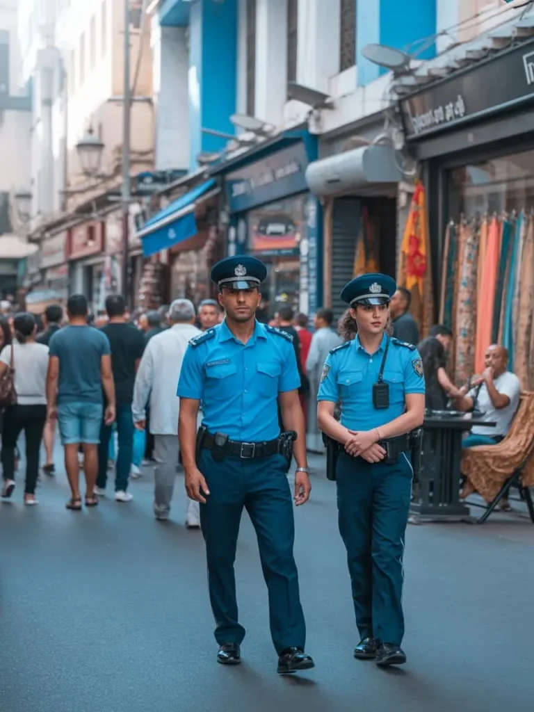 Moroccan police patrol tourist area in Casablanca ensuring visitor safety