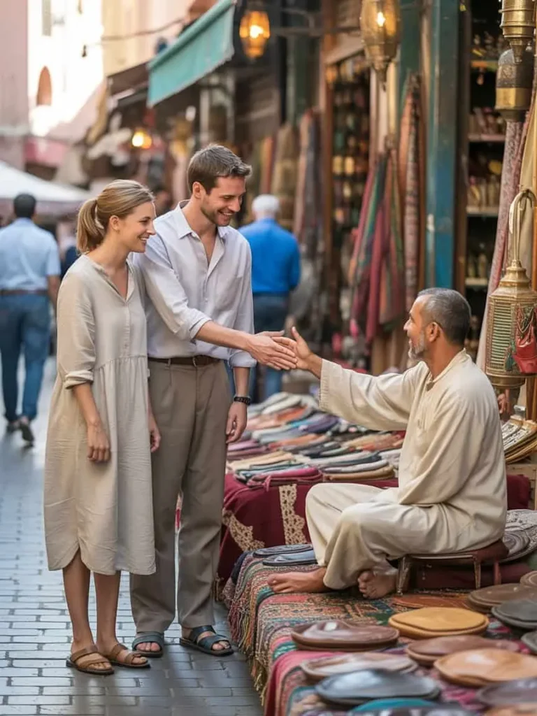 Travelers respecting Moroccan cultural etiquette and customs in Casablanca