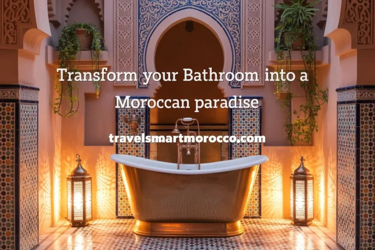 Luxurious Moroccan bathroom with Zellige tiles, arched mirror, copper tub, and brass fixtures
