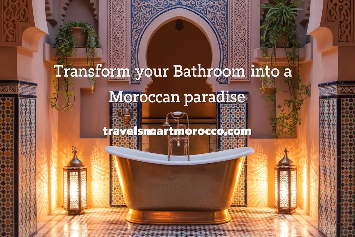 Luxurious Moroccan bathroom with Zellige tiles, arched mirror, copper tub, and brass fixtures