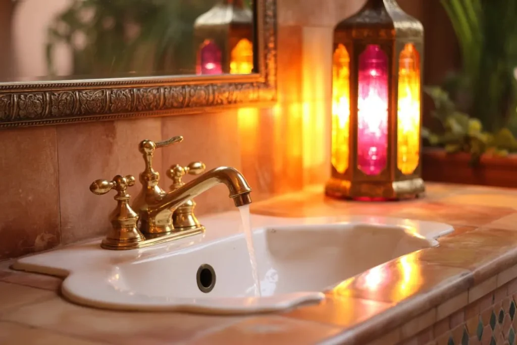 Eco-friendly Moroccan bathroom with plants, sunlight, and natural materials