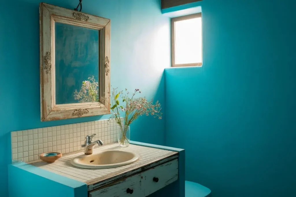 Budget Moroccan bathroom with bold paint, DIY vanity, and mosaic tiles
